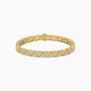 Pavé moissanite triangle-link tennis bracelet in yellow gold vermeil, full product view.