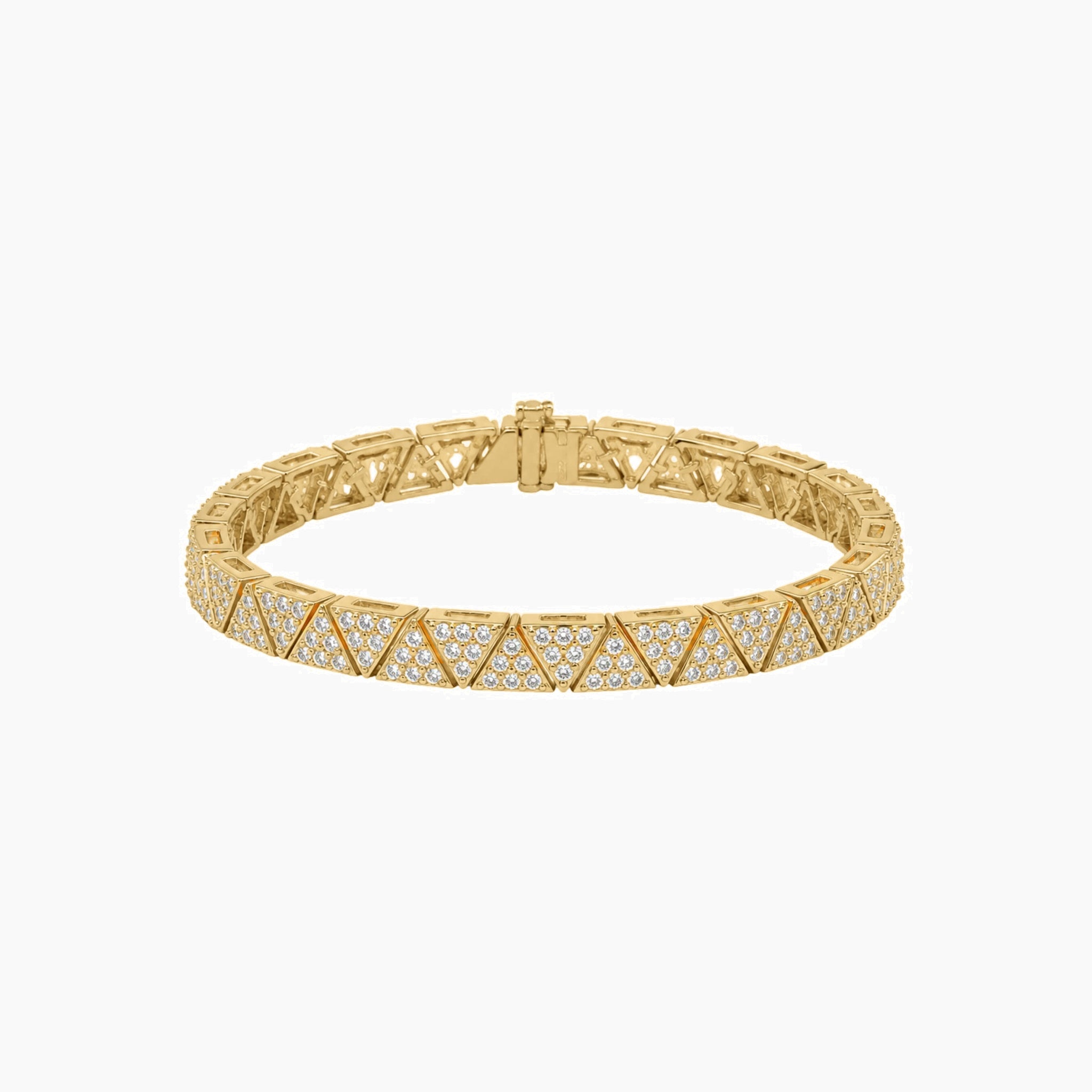 Pavé moissanite triangle-link tennis bracelet in yellow gold vermeil, full product view.