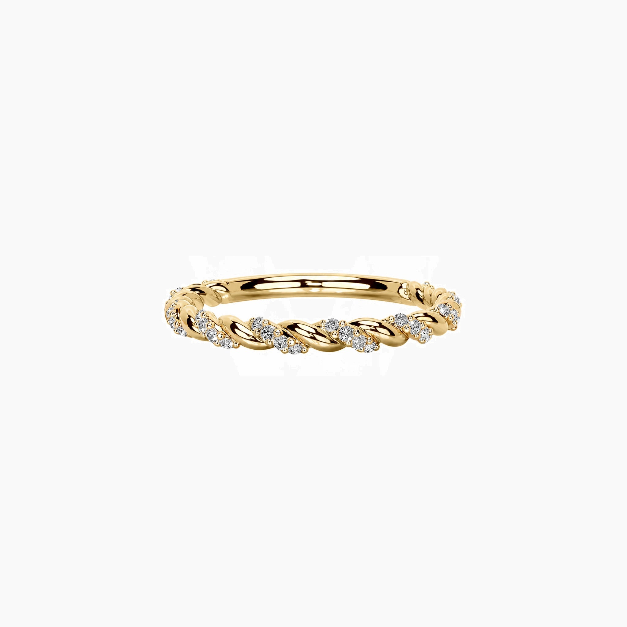 Pavé moissanite twist ring in yellow gold vermeil, front view.