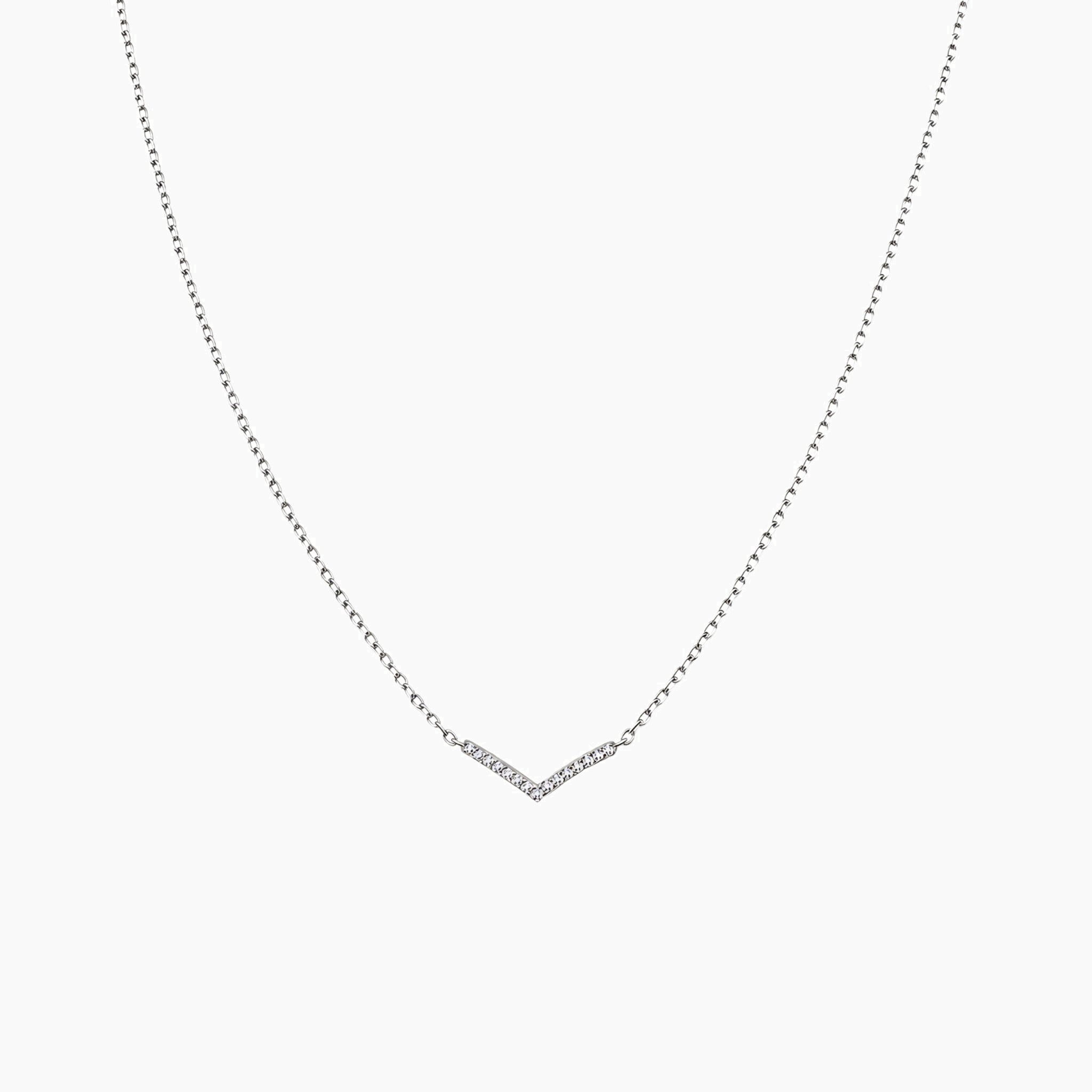 Pavé moissanite wishbone necklace in white gold vermeil, front view.