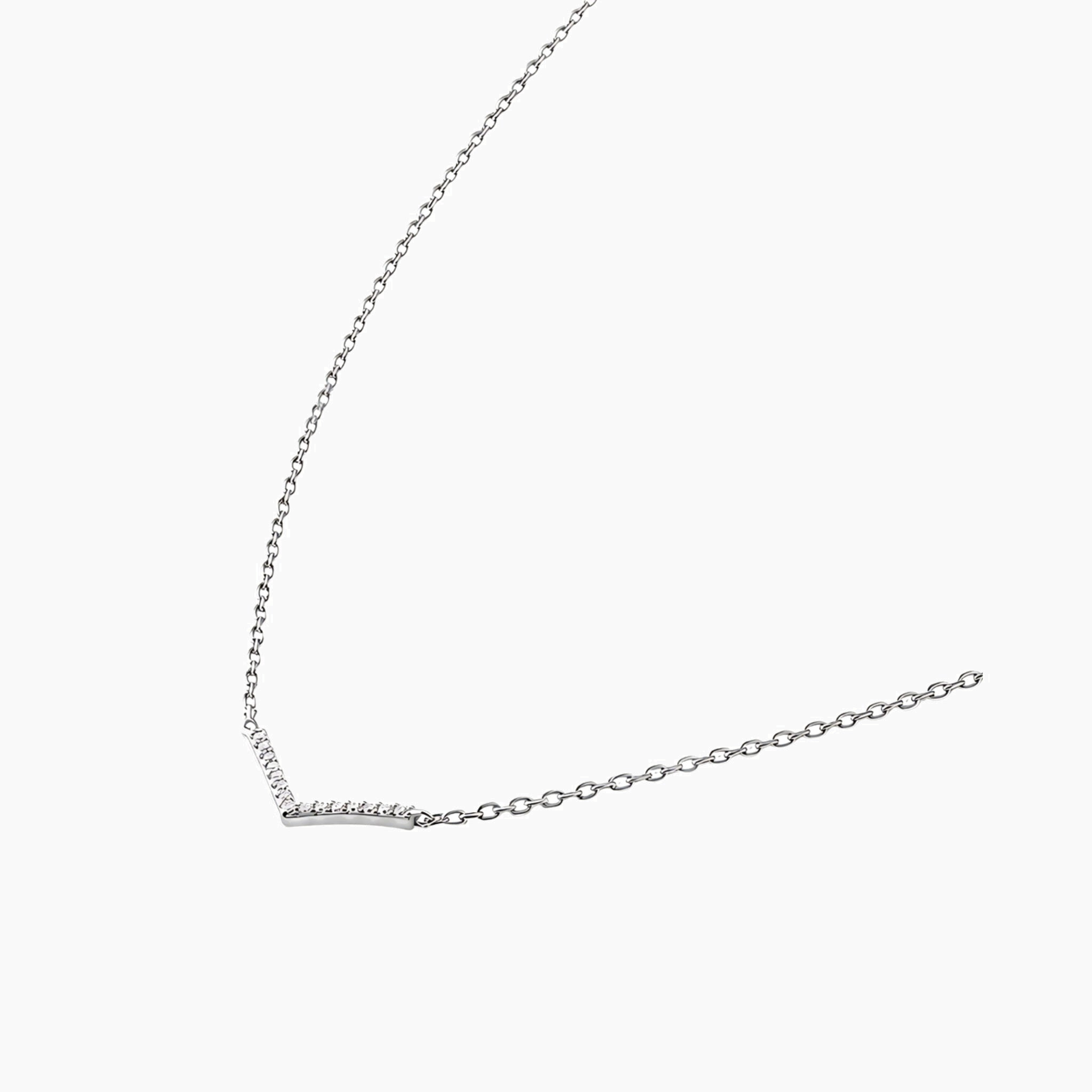 Pavé moissanite wishbone necklace in white gold vermeil, side view.
