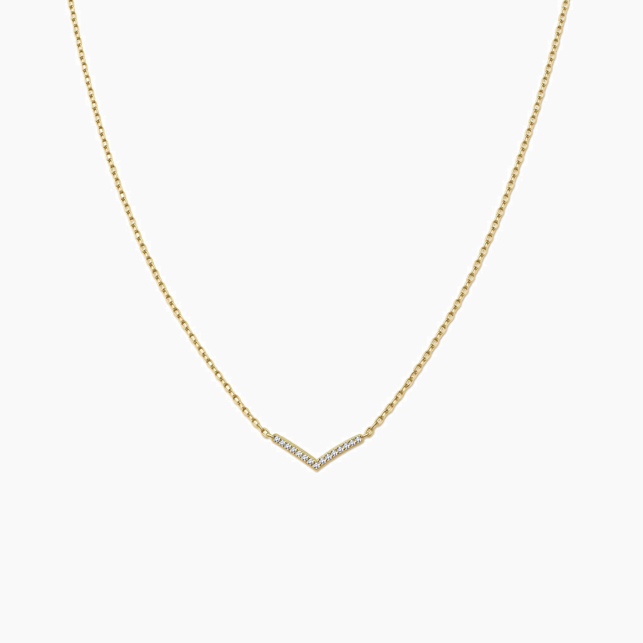Pavé moissanite wishbone necklace in yellow gold vermeil, front view.
