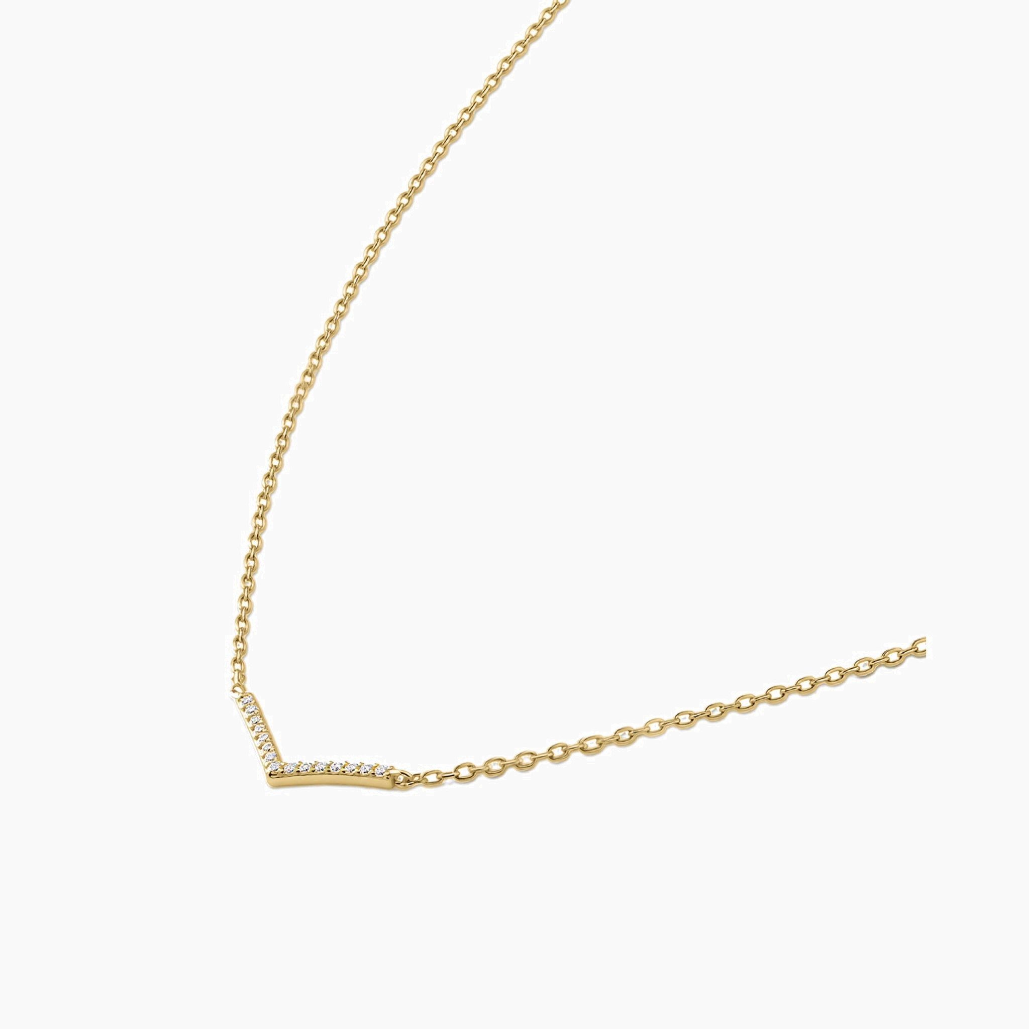 Pavé moissanite wishbone necklace in yellow gold vermeil, side view.