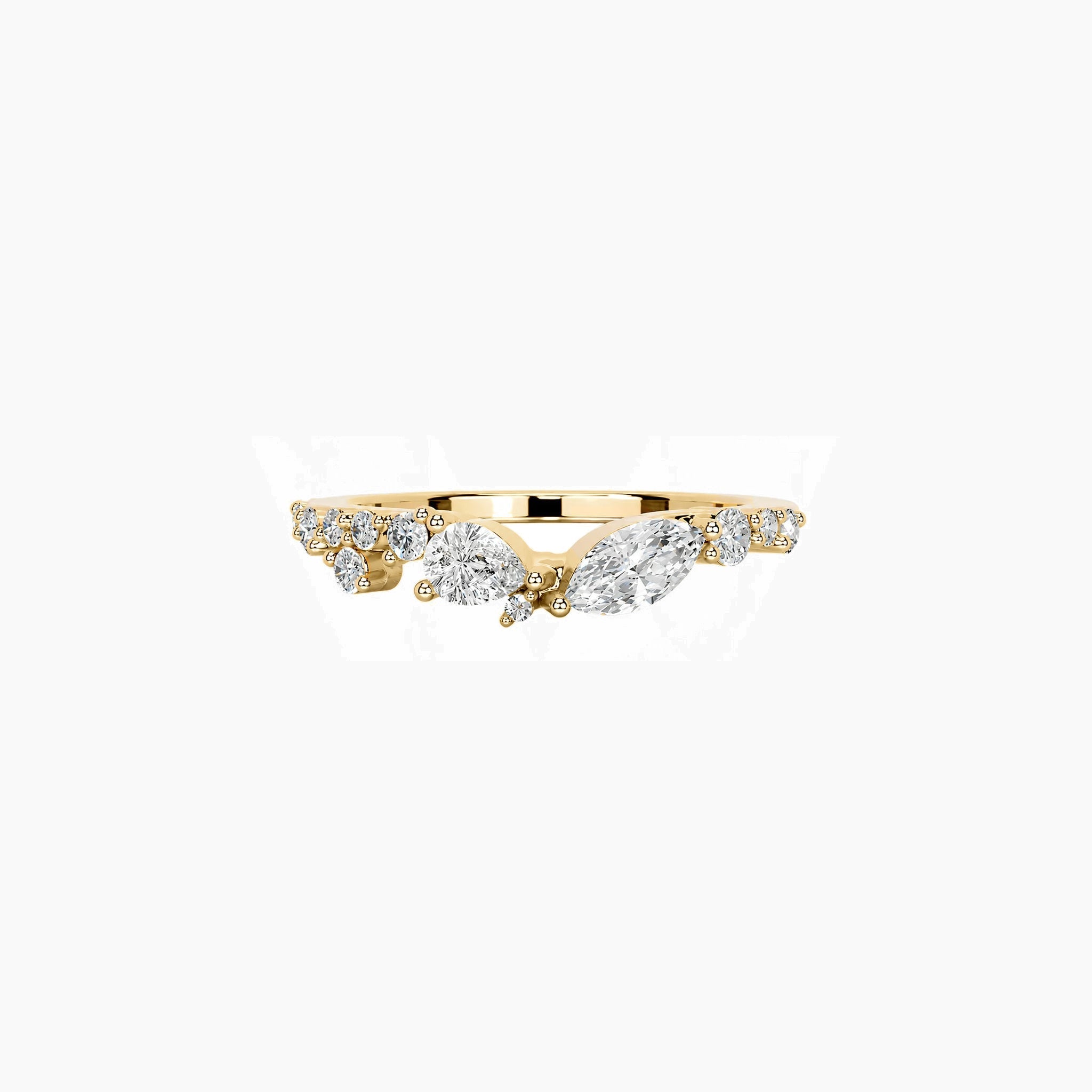 Pear-cut and marquise-cut moissanite cluster ring in yellow gold vermeil, front view.