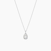 Pear-cut moissanite bezel pendant necklace in white gold vermeil, full product view.