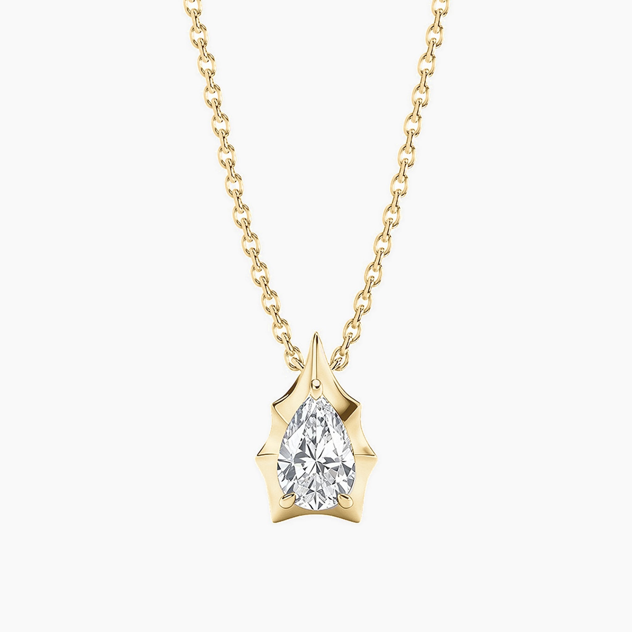 Pear-cut moissanite pendant necklace in 18k yellow gold vermeil, front view.