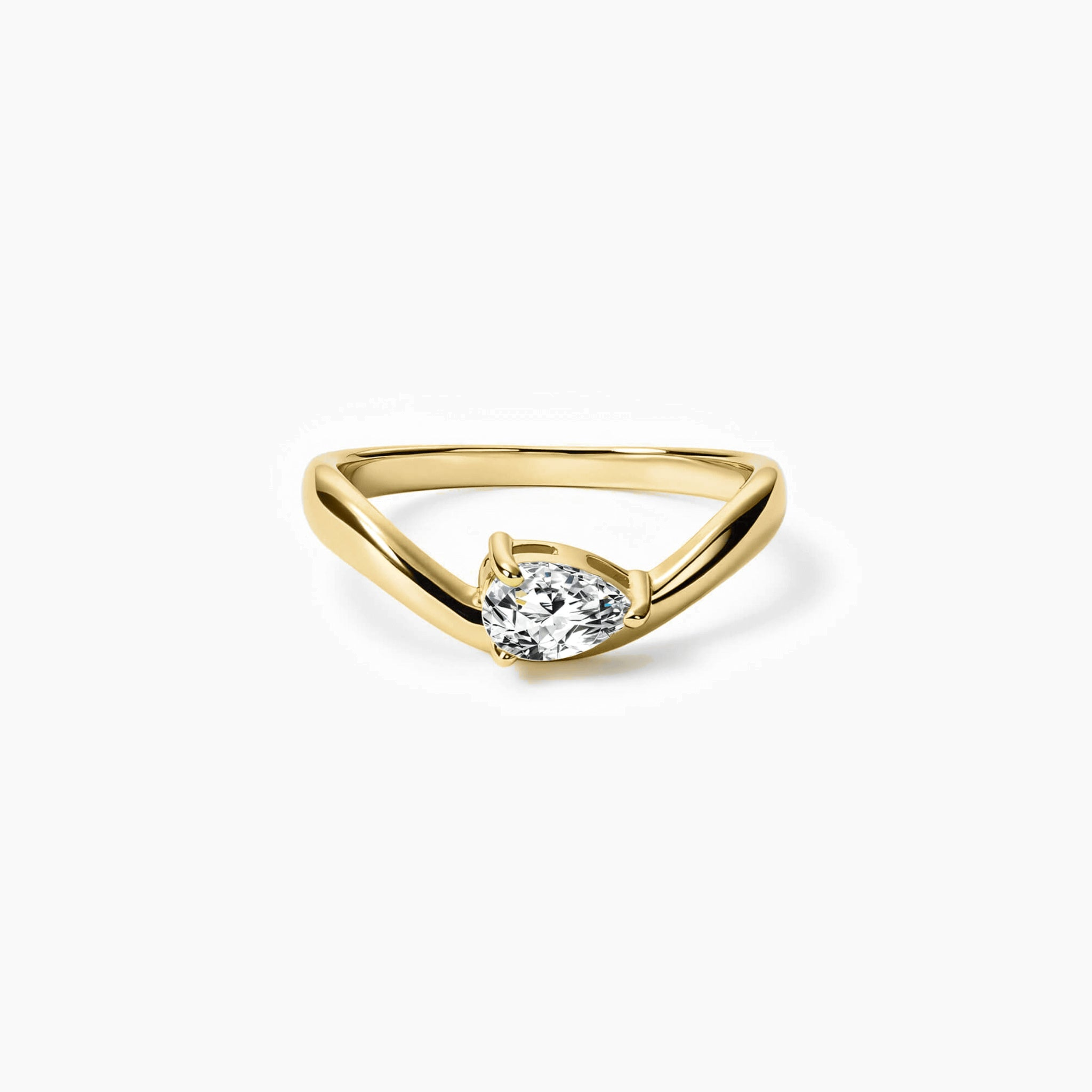 Pear-cut moissanite chevron ring in yellow gold vermeil, front view.