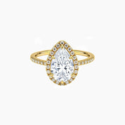 Pear-cut moissanite halo ring with pavé band in yellow gold vermeil, front view.