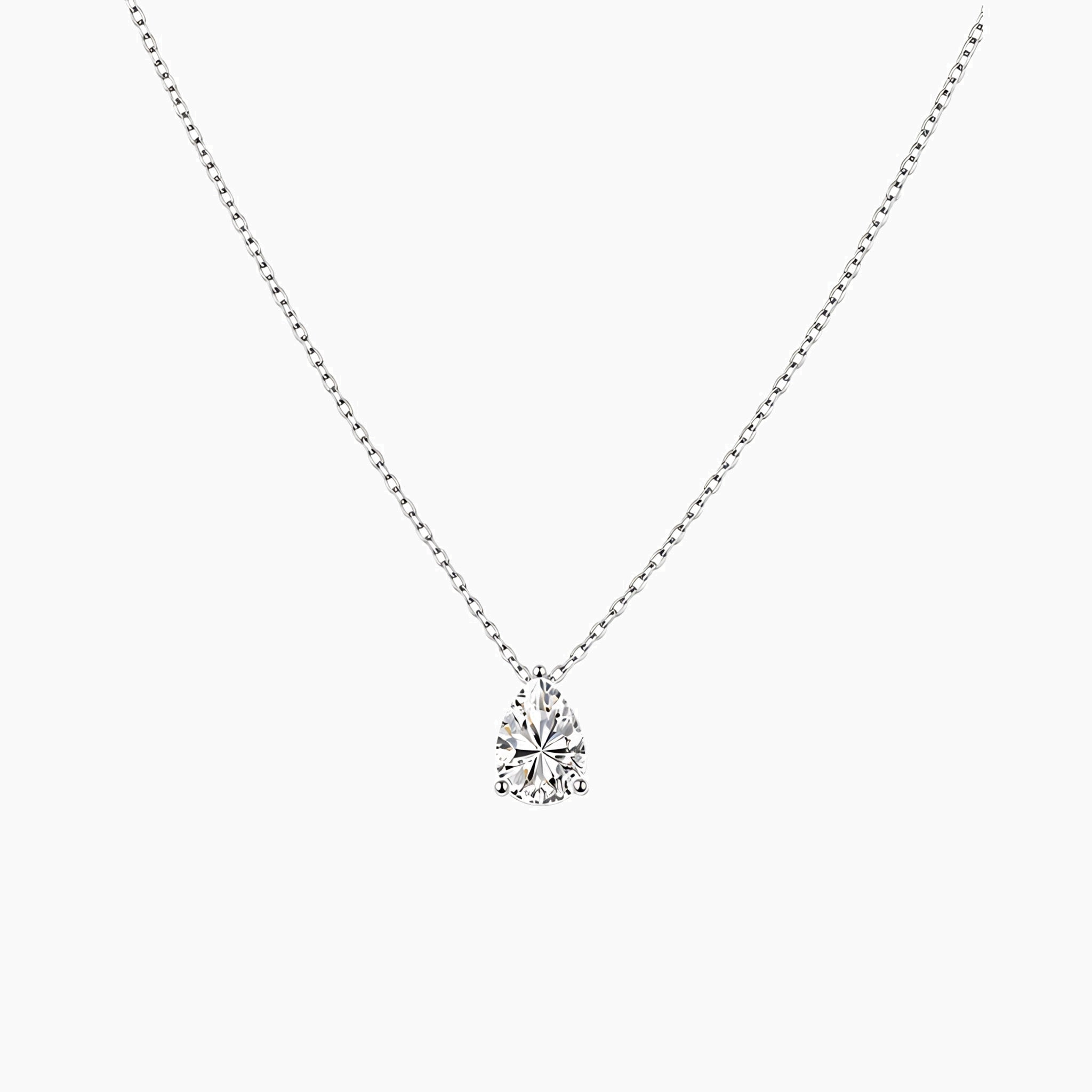 Pear-cut moissanite pendant necklace in white gold vermeil, front view.