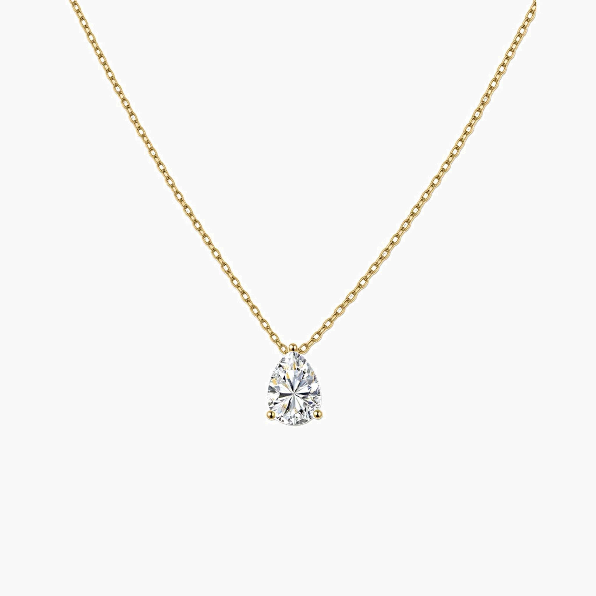 Pear-cut moissanite pendant necklace in yellow gold vermeil, front view.