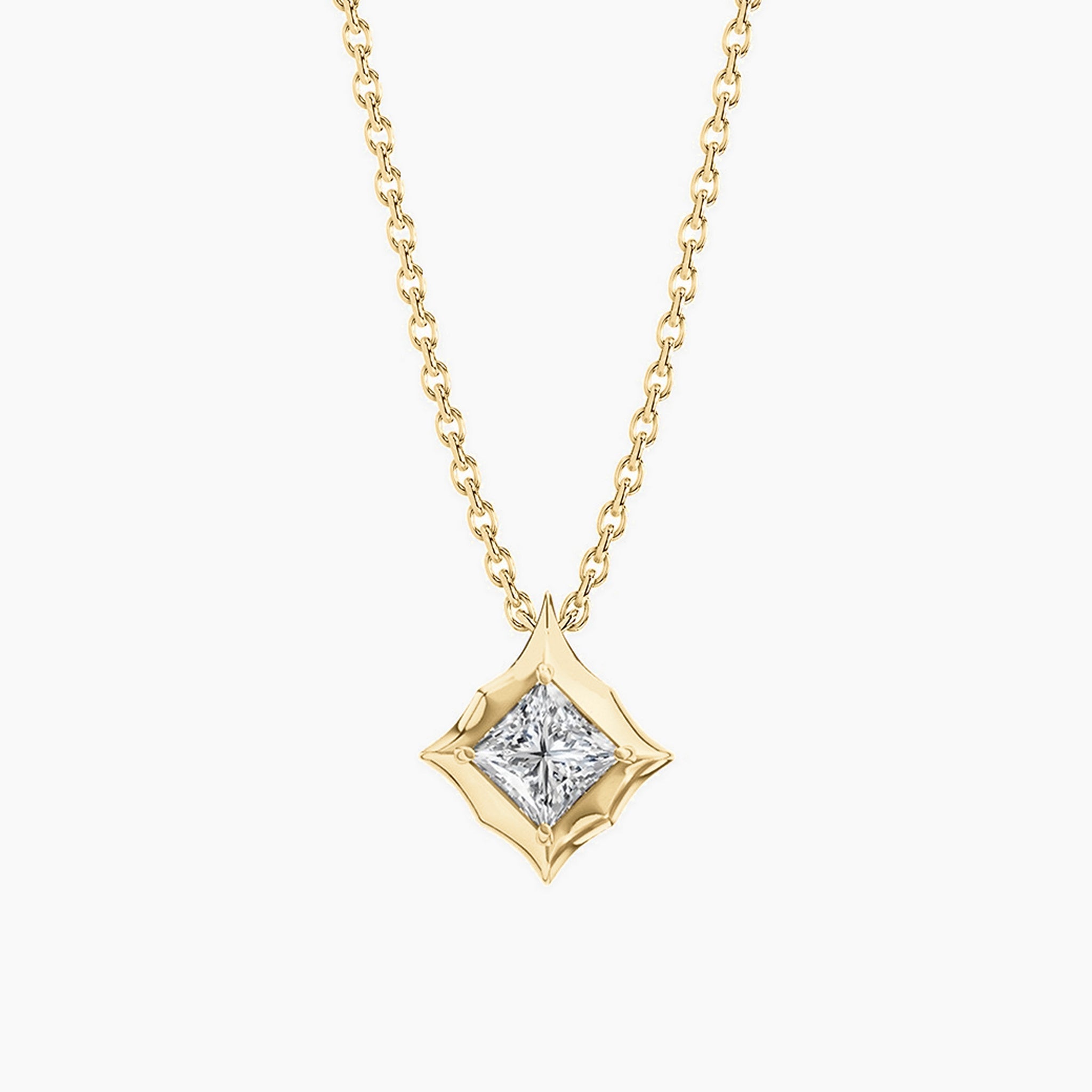 Princess-cut moissanite pendant necklace in 18k yellow gold vermeil, front view.
