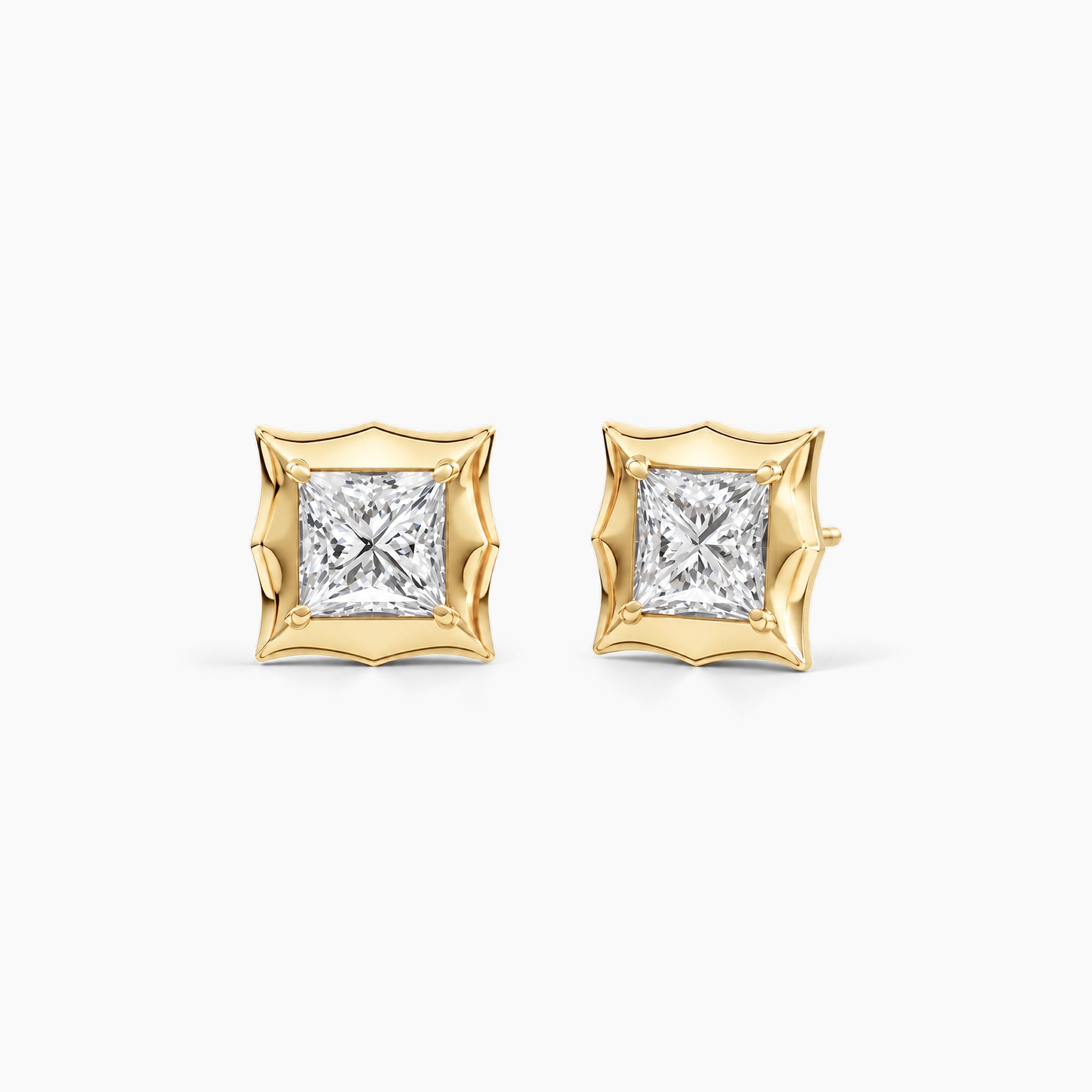 Princess-cut moissanite bezel-prong stud earrings in 18k yellow gold vermeil, front and angled views.