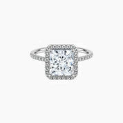 Princess-cut moissanite halo ring with pavé band in white gold vermeil, front view.