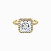 Princess-cut moissanite halo ring with pavé band in yellow gold vermeil, front view.