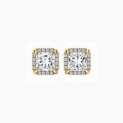 Princess-cut moissanite halo stud earrings in yellow gold vermeil, front view.