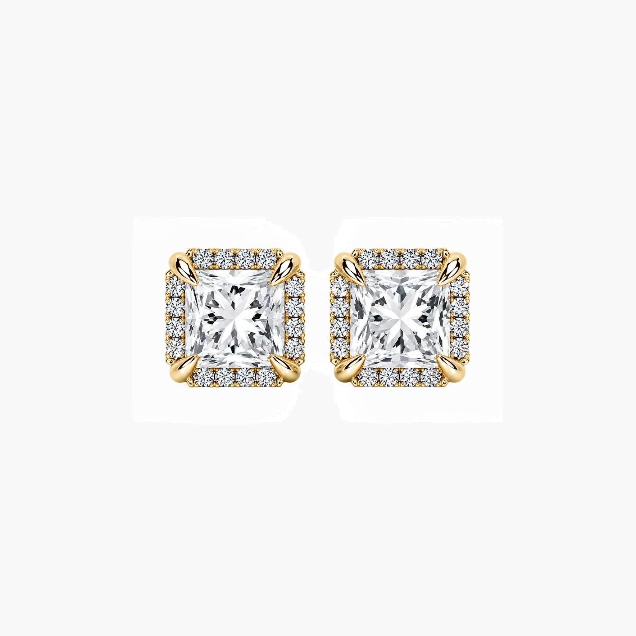 Princess-cut moissanite halo stud earrings in yellow gold vermeil, front view.