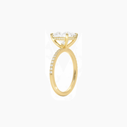 Princess-cut moissanite hidden halo ring with pavé band in yellow gold vermeil, side view.