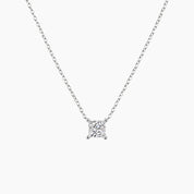 Princess-cut moissanite pendant necklace in white gold vermeil, front view.