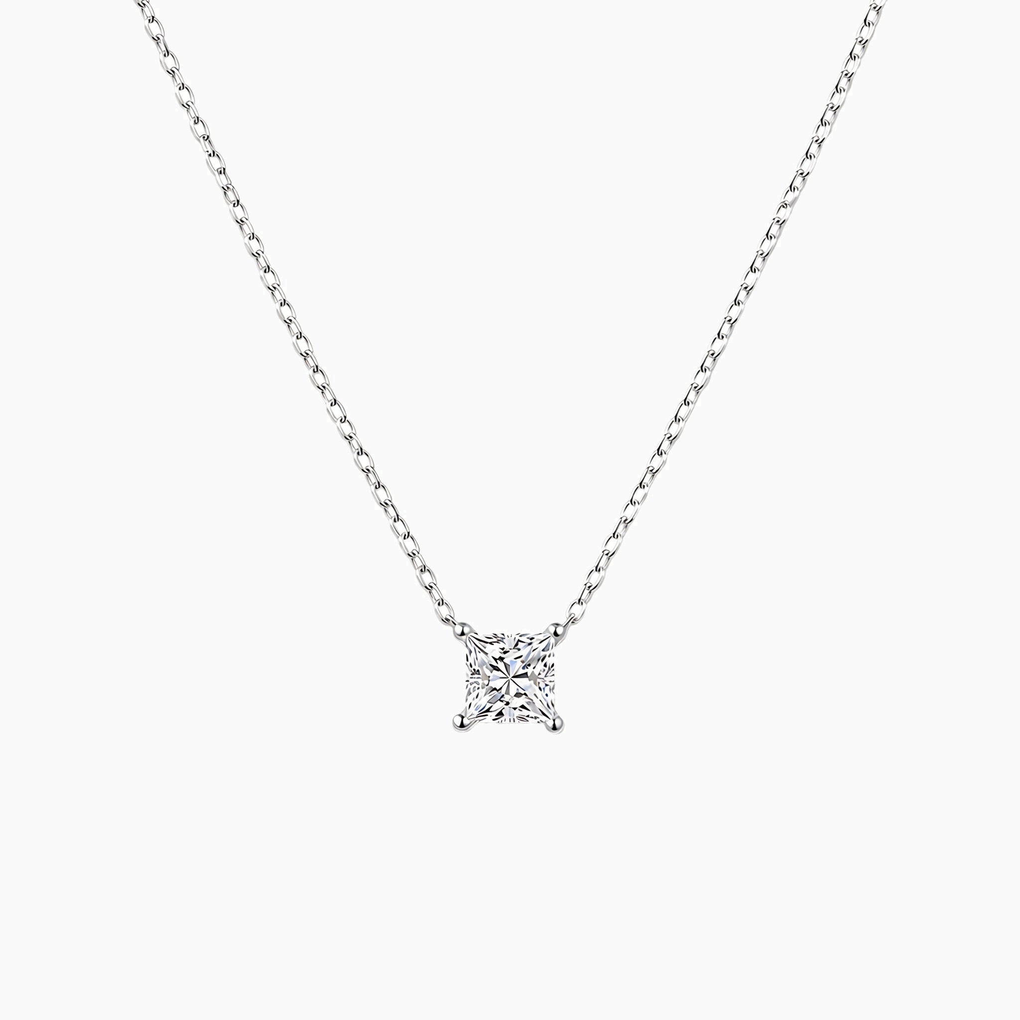 Princess-cut moissanite pendant necklace in white gold vermeil, front view.