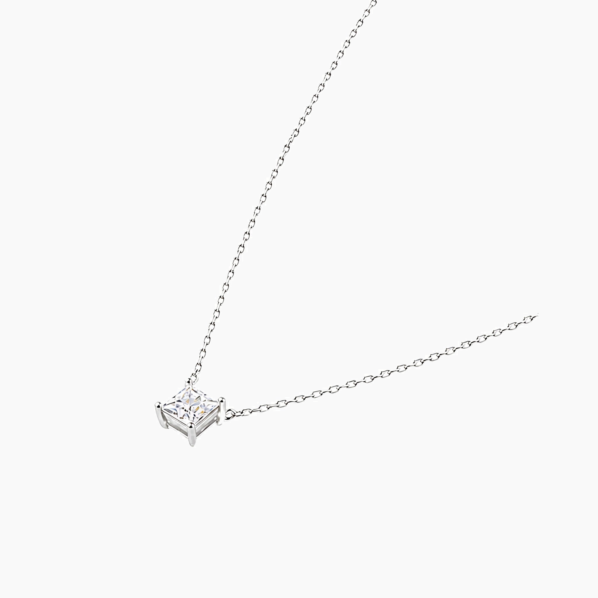 Princess-cut moissanite pendant necklace in white gold vermeil, side view.