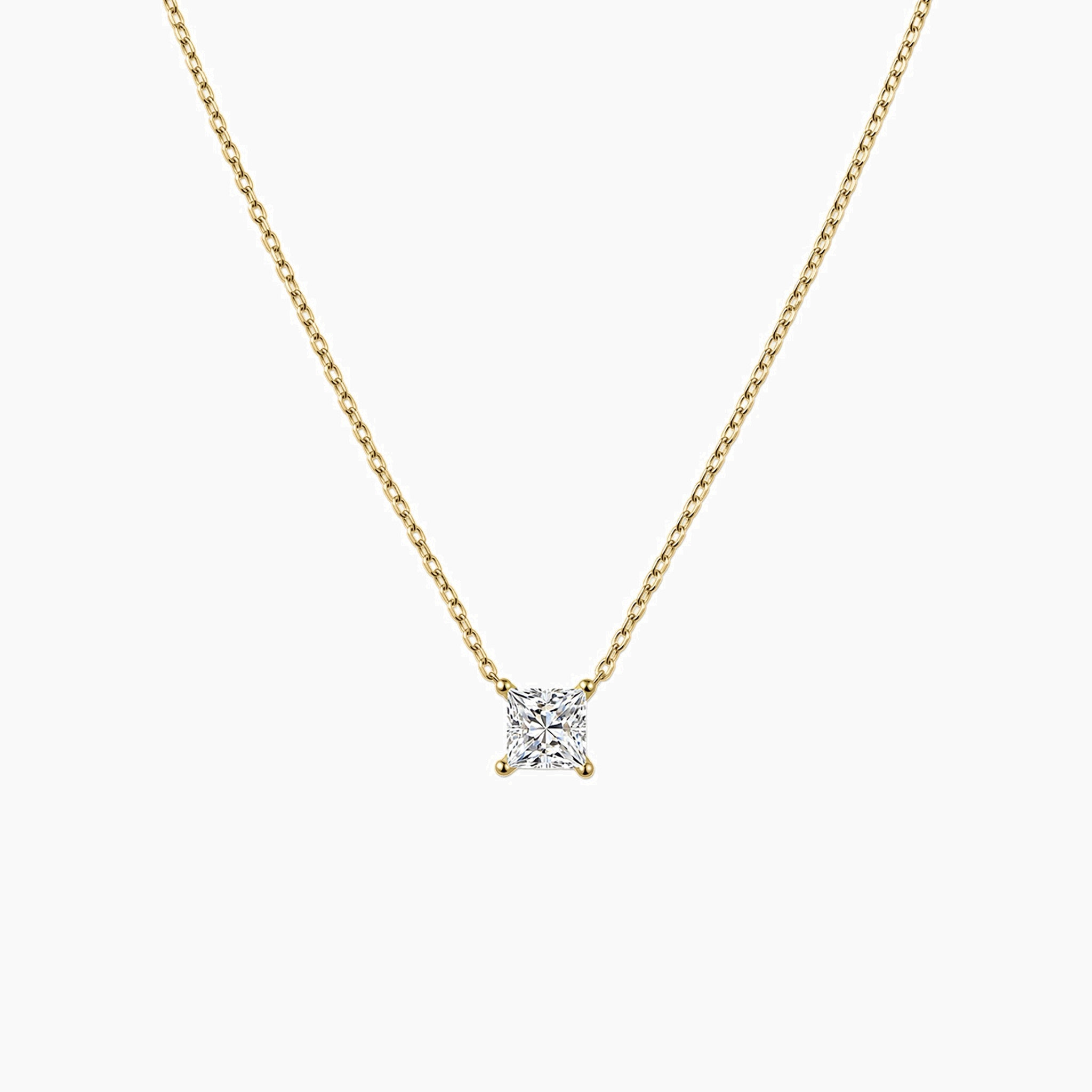 Princess-cut moissanite pendant necklace in yellow gold vermeil, front view.
