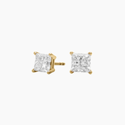 Princess-cut moissanite stud earrings in yellow gold vermeil, front and side views.