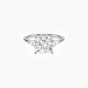 Princess-cut moissanite three-stone ring in white gold vermeil, front view.