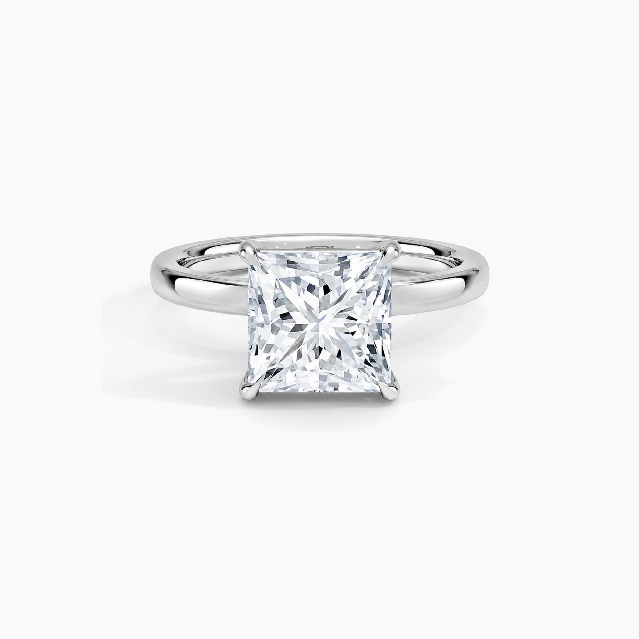 Princess-cut moissanite solitaire ring in white gold vermeil, front view