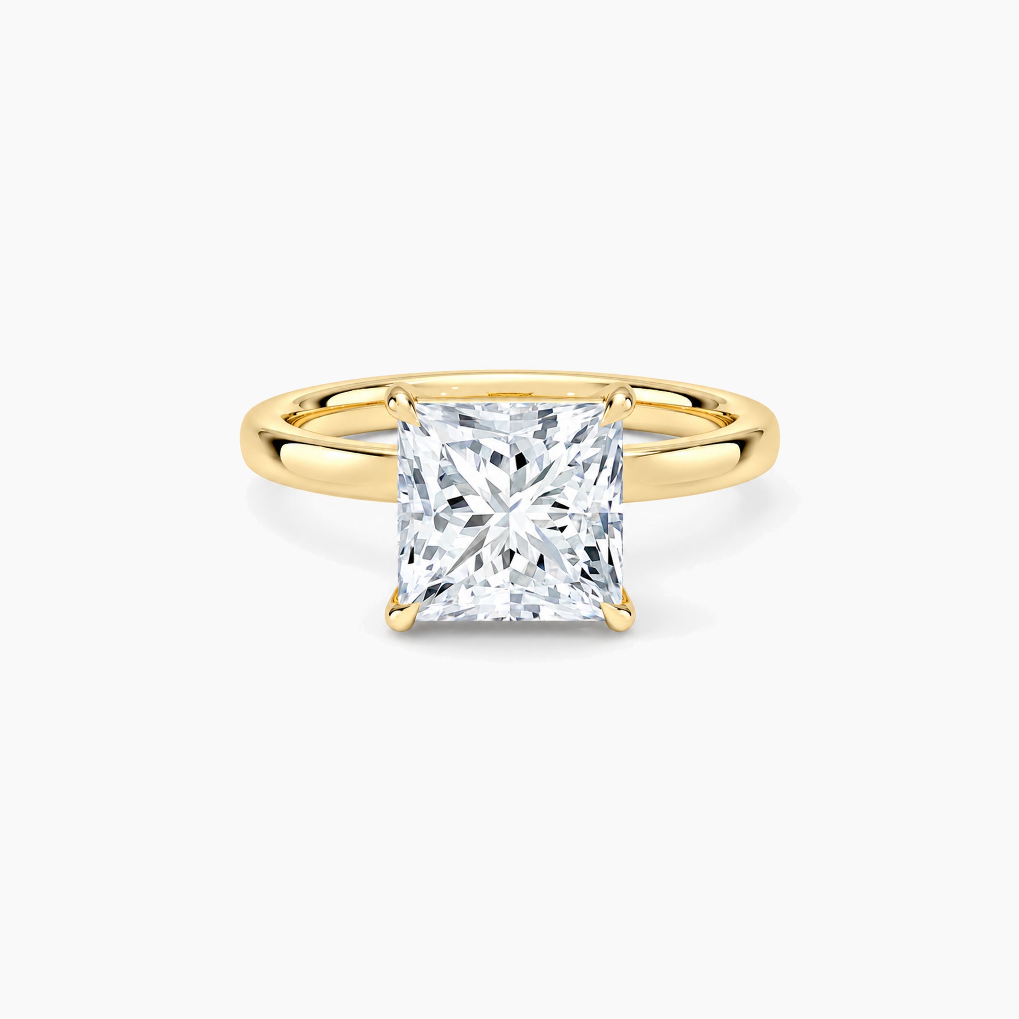 Princess-cut moissanite solitaire ring, yellow gold, 2 ct front