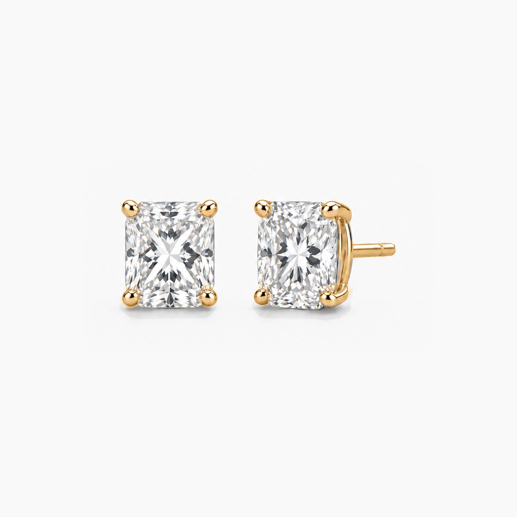 Radiant-cut lab-grown diamond stud earrings in 14k yellow gold, front and three-quarter views.