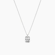 Radiant-cut moissanite bezel pendant necklace in white gold vermeil, full product view.