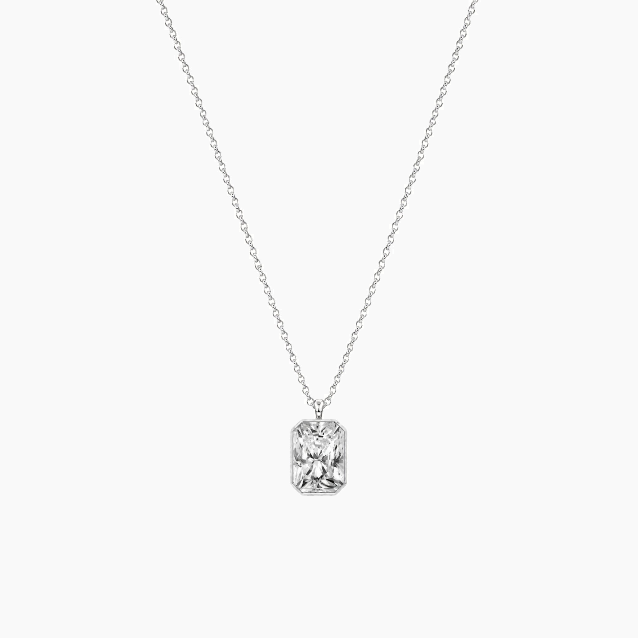 Radiant-cut moissanite bezel pendant necklace in white gold vermeil, full product view.