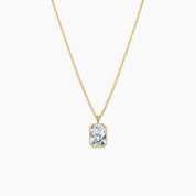 Radiant-cut moissanite bezel pendant necklace in yellow gold vermeil, full product view.