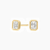 Radiant-cut moissanite bezel stud earrings in yellow gold vermeil, front and side views.