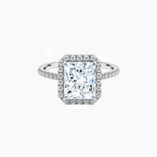 Radiant-cut moissanite halo ring with pavé band in white gold vermeil, front view.