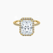 Radiant-cut moissanite halo ring with pavé band in yellow gold vermeil, front view.