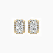 Radiant-cut moissanite halo stud earrings in yellow gold vermeil, front view.