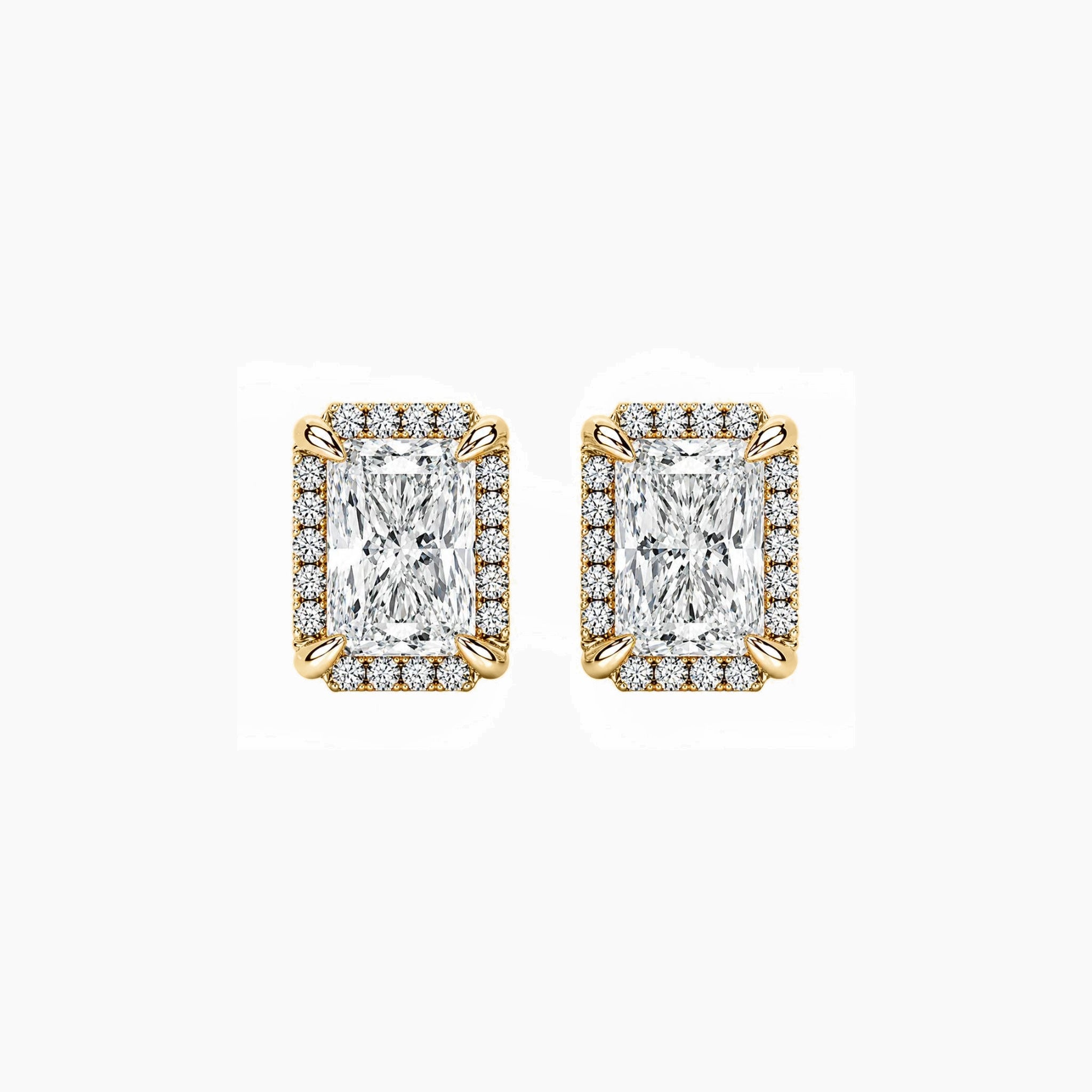 Radiant-cut moissanite halo stud earrings in yellow gold vermeil, front view.