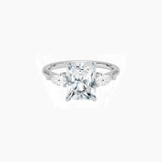 Radiant-cut moissanite three-stone ring in white gold vermeil, front view.
