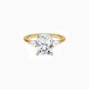 Radiant-cut moissanite three-stone ring in yellow gold vermeil, front view.
