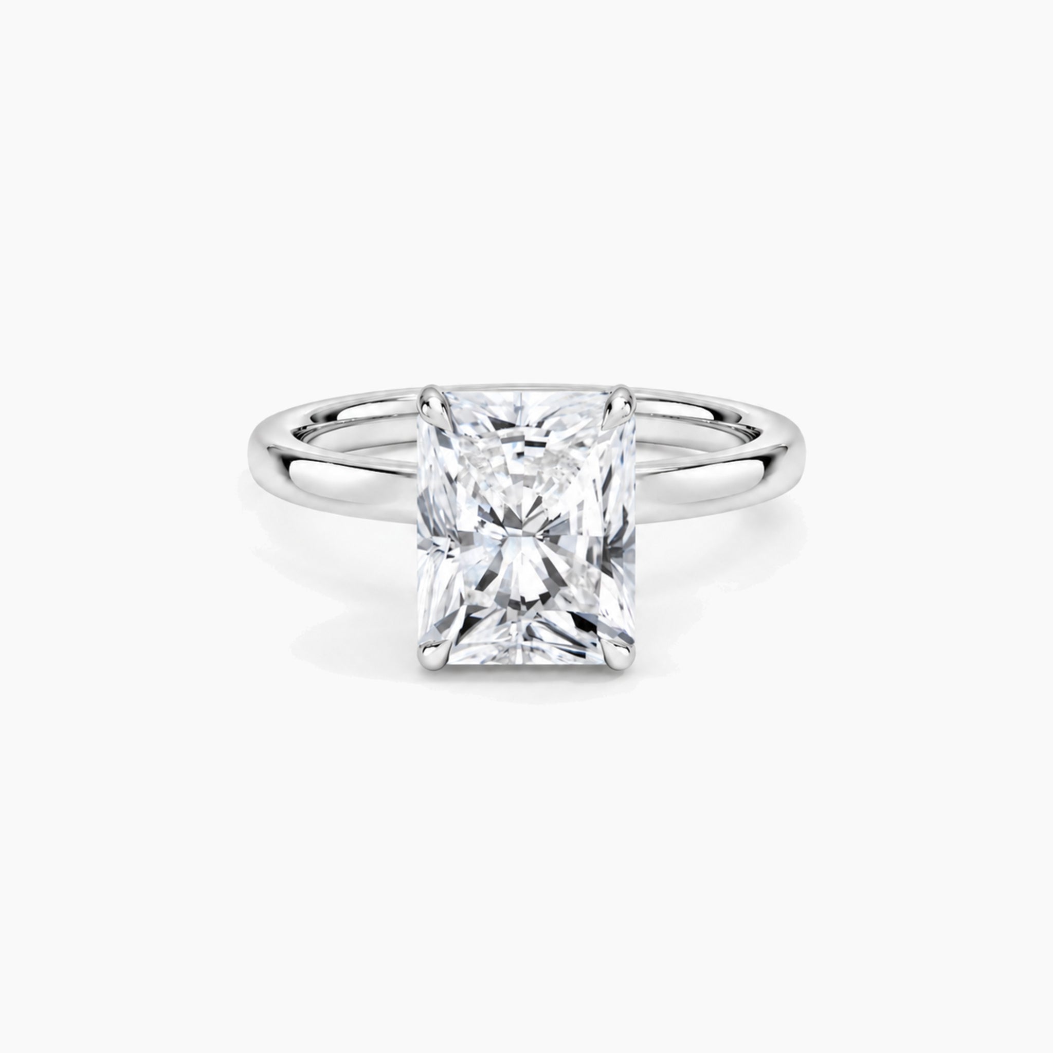 radiant-cut moissanite solitaire ring in white gold vermeil, front view