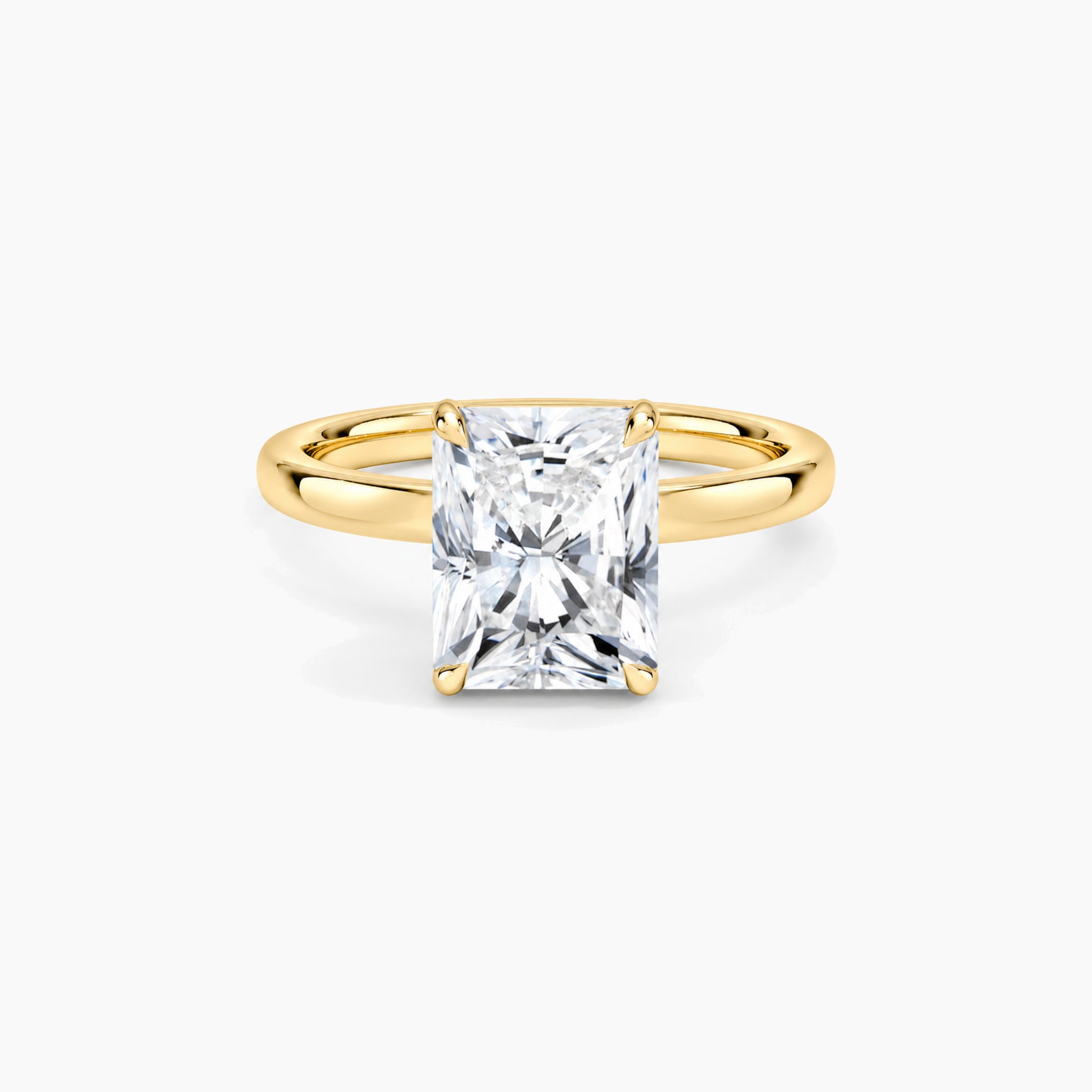 Radiant-cut moissanite solitaire ring in yellow gold, 2 carat front view