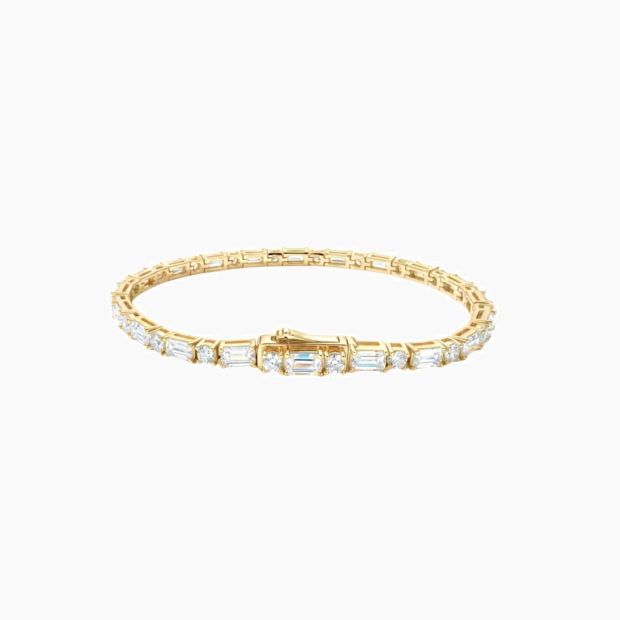 Round-cut and emerald-cut moissanite tennis bracelet in yellow gold vermeil, full product view.