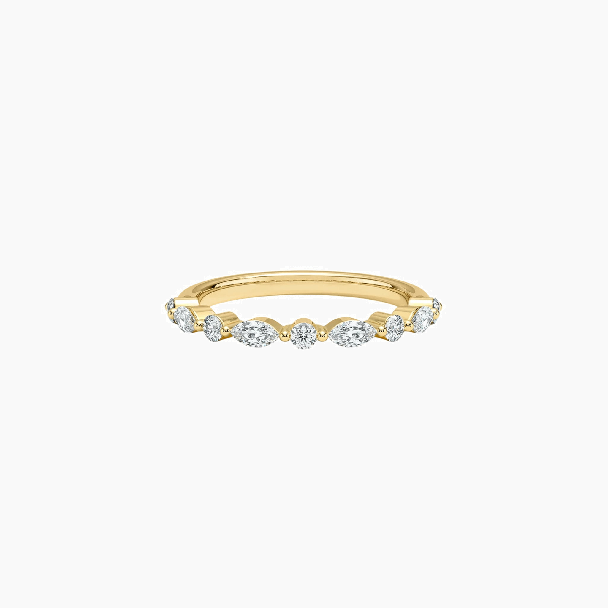 Round-cut and marquise-cut moissanite half eternity ring in yellow gold vermeil, front view.