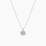 Round-cut moissanite bezel pendant necklace in white gold vermeil, full product view.