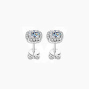 Round-cut moissanite cushion halo stud earrings in white gold vermeil, front and back views.