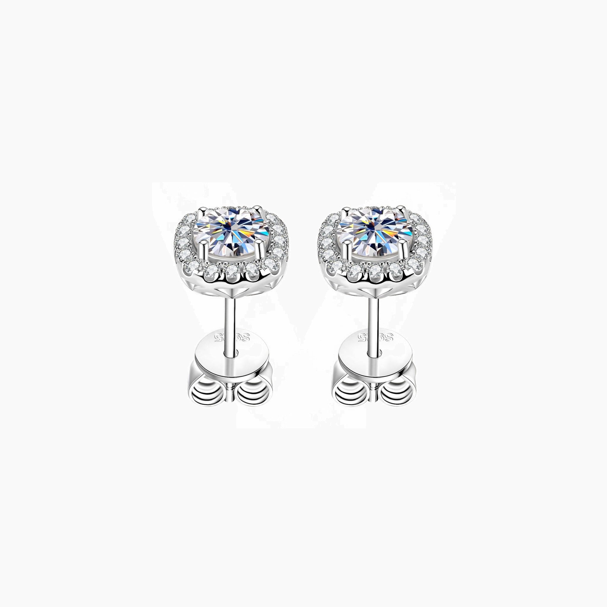 Round-cut moissanite cushion halo stud earrings in white gold vermeil, front and back views.
