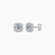 Round-cut moissanite cushion halo stud earrings in white gold vermeil, front and side views.