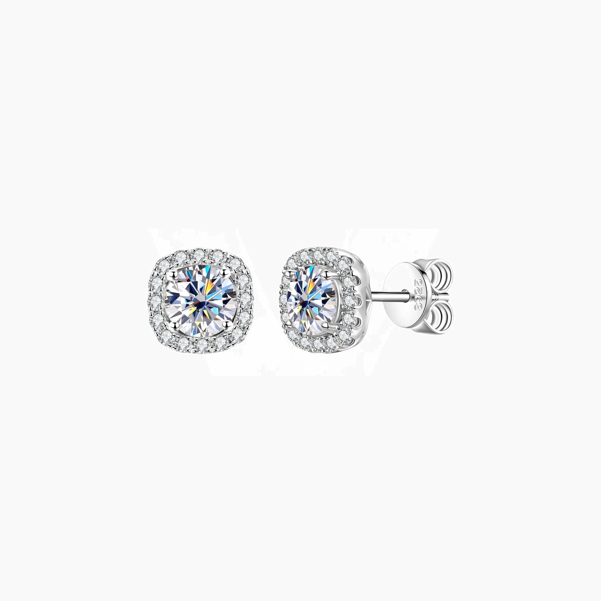 Round-cut moissanite cushion halo stud earrings in white gold vermeil, front and side views.