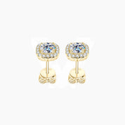 Round-cut moissanite cushion halo stud earrings in yellow gold vermeil, front and back views.
